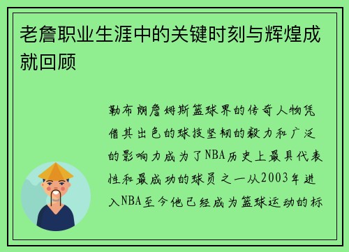 老詹职业生涯中的关键时刻与辉煌成就回顾