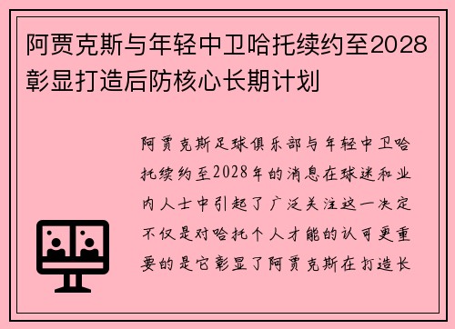 阿贾克斯与年轻中卫哈托续约至2028彰显打造后防核心长期计划