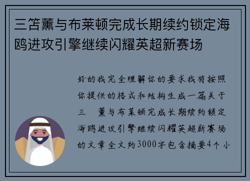 三笘薰与布莱顿完成长期续约锁定海鸥进攻引擎继续闪耀英超新赛场