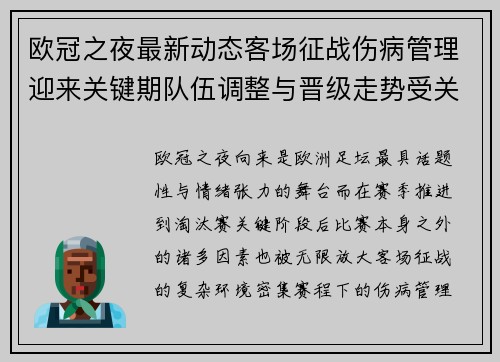 欧冠之夜最新动态客场征战伤病管理迎来关键期队伍调整与晋级走势受关注